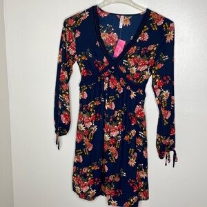 NWT Xhilaration Floral Print Navy Wrap Dress With Tie And Stretch Waist Size XS